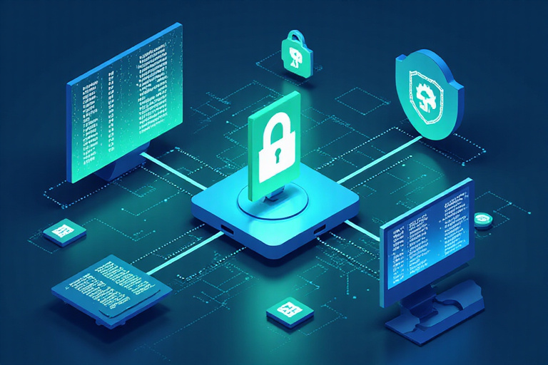 Data security illustration showing encrypted data transfer
